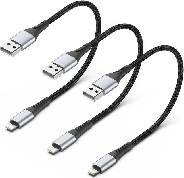 Main image of 1FT Short iPhone Charging Cable 3 Pack USB to Lightning Cable 1 Foot iPhone Charger Cord Fast Charging Braided for Apple iPhone 14 13 12 11 Pro Max Mini 10 8 7 Plus XR XS MAX SE iPad Air Mini (Black)