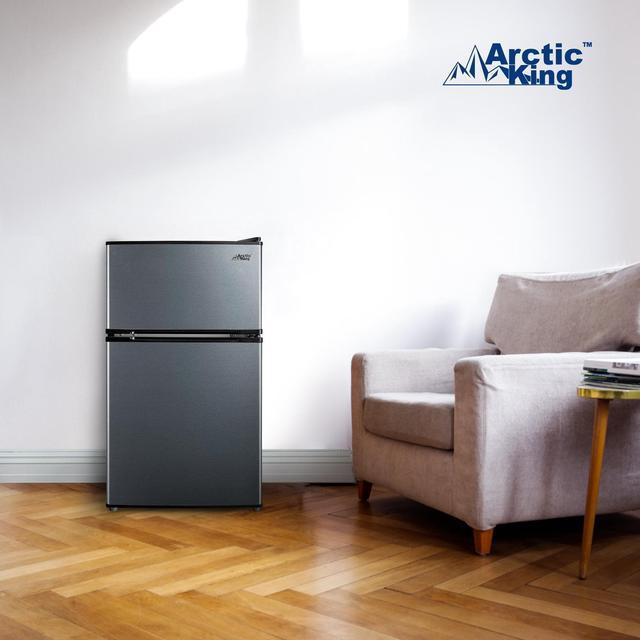 Arctic King 3.2 Cu ft Two Door Mini Fridge with Freezer, Stainless Steel,  E-Star
