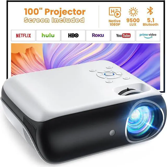 Main image of Projector Native 1080P Bluetooth Projector with 100''Screen, 9500L Portable Outdoor Movie Projector Compatible with Smartphone, HDMI,USB,AV,Fire Stick, PS5