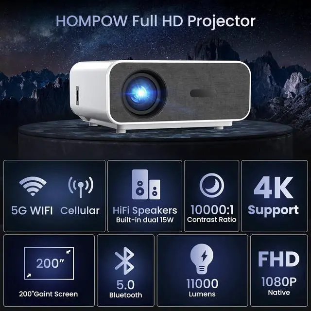 Alt view image 7 of 7 - 4K Support Projector with Wifi and Bluetooth,  Mini Portable Projectors for Outdoor Home Movie, Compatible with Laptop, Smartphone, TV Stick, Xbox, PS5