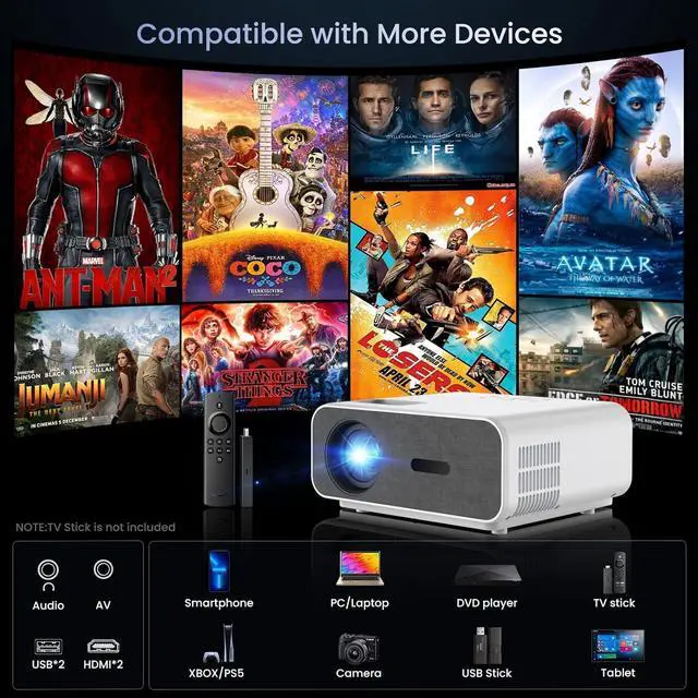 Alt view image 6 of 7 - 4K Support Projector with Wifi and Bluetooth,  Mini Portable Projectors for Outdoor Home Movie, Compatible with Laptop, Smartphone, TV Stick, Xbox, PS5