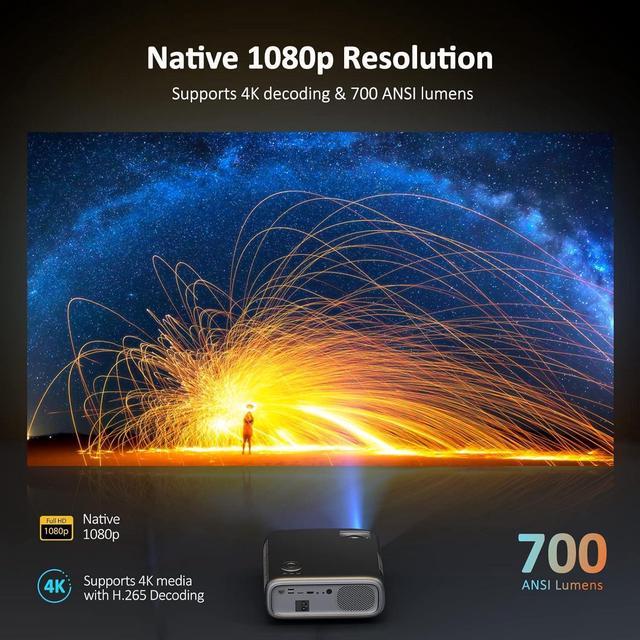 Alt view image 2 of 7 - NexiGo PJ40 Projector with WiFi and Bluetooth, Native 1080P, 4K Supported, Projector for Outdoor Movies, 300 Inch, Zoomable, 20W Speakers, Home Theater, Compatible w/TV Stick, iOS, Android (Black)