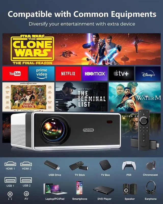Alt view image 5 of 7 - 4K Support Projector with WiFi and Bluetooth, Outdoor Portable Mini Projector 15000L Full HD 1080P Max 300" Display Zoom,  Movie Video Projector Compatible with HDMI/USB/AV/Phone/Laptop/TV Stick