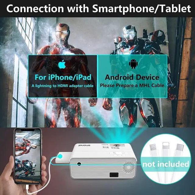 Alt view image 3 of 7 - Movie Projector, SMONET 1080P HD Projector 7500L Home Projector Video TV Projector Mini Portable LED Projector Outdoor Indoor Wall Compatibale with TV Stick Laptops PC PS5 HDMI USB