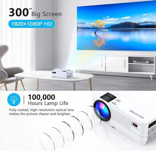 Alt view image 2 of 7 - Native 1080P Projector with WiFi and Two-Way Bluetooth, Full HD Movie Projector for Outdoor Movies, 300" Display Projector 4k Home Theater, Compatible with iOS/Android/PC/XBox/PS4/TV Stick/HDMI/USB