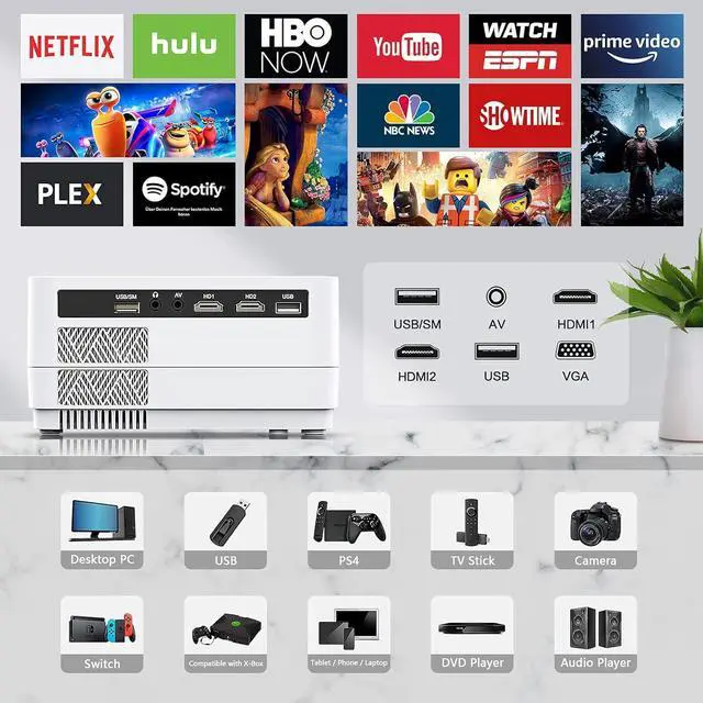 Alt view image 7 of 7 - Native 1080P Projector with WiFi and Two-Way Bluetooth, Full HD Movie Projector for Outdoor Movies, 300" Display Projector 4k Home Theater, Compatible with iOS/Android/PC/XBox/PS4/TV Stick/HDMI/USB