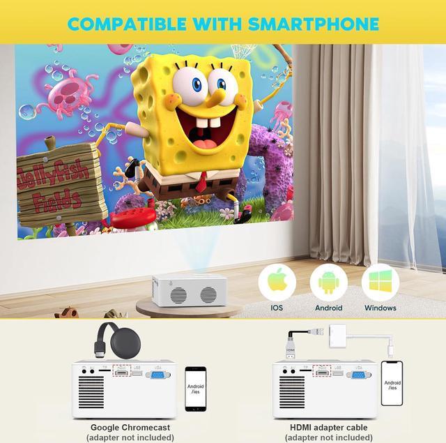 Alt view image 5 of 7 - Mini Bluetooth Projector 9500 Lumens, Full HD 1080P Supported Portable Outdoor Movie Projector for iOS, Android, Windows, Compatible with TV Stick/HDMI/Smartphone/PS4/USB [Remote Included]