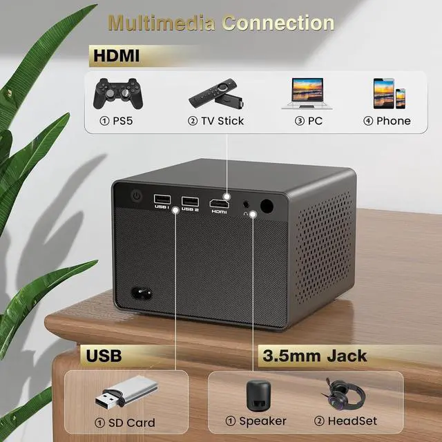 Alt view image 7 of 7 - Projector, [Electric Focus] Mini Projector, 1080P Support Portable Bluetooth Projector With Speaker, 200" Support Outdoor Movie Projector Compatible With Smartphone/HDMI/USB/AV/Fire Stick/PS5