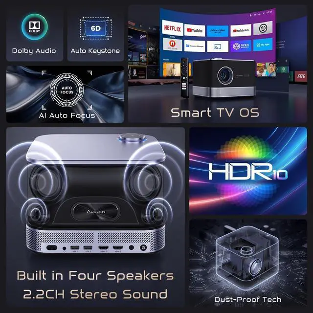 Alt view image 7 of 7 - All-in-One Projector 4K, AURZEN BOOM 3 Smart Projector with WiFi and Bluetooth, 3D Dolby Audio & 36W Speakers, AI Auto Focus & Keystone, Netflix Official 4K Supported 500 ANSI Home Outdoor proyector