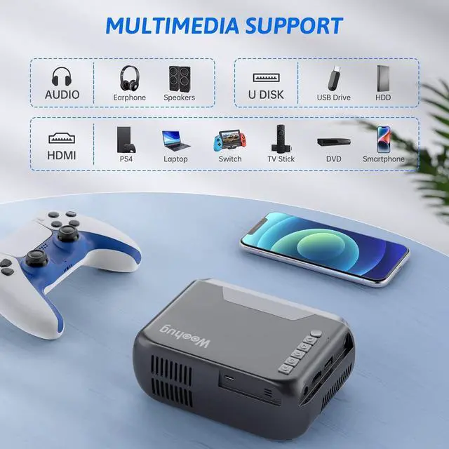 Alt view image 7 of 7 - Mini Projector for iphone, Woohug Mini Portable Projector for Kids Gifts, movie projector for outdoor use, small home theater projector Full HD 1080P Supported Projector Compatible with HDMI, USB