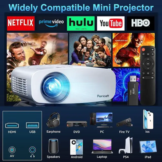 Alt view image 7 of 7 - Pericat 5G WiFi Projector Bluetooth,10000L Native 1080P Outdoor Portable Video Projector 4K Supported,Home Theater Movie Projector 300'' Display,Compatible iOS/Android//PC/TV Stick/PS5