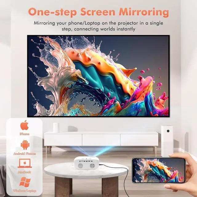Alt view image 3 of 7 - 4K Projector with WiFi and Bluetooth, One-step Mirroring Portable Projector for Phone, Native 1080P Mini Projector with 100" Outdoor Projector Screen, Compatible with Phone/Laptop/TV Stick/PS5