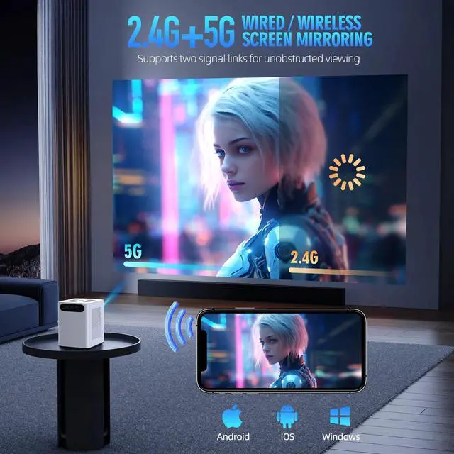 Alt view image 3 of 7 - Projector with WiFi and Bluetooth, 5G WiFi 4K HD 20000L Portable Movie Projector with Mini Tripod, Outdoor Projector Home Video Smart Projectors Compatible with iOS/Android/Laptop/TV Stick/HDMI/USB