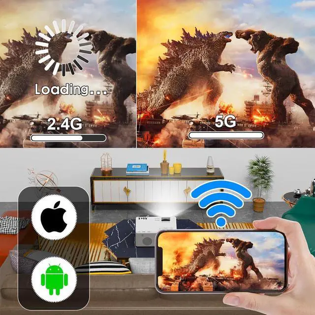 Alt view image 2 of 7 - 5G WiFi Projector with Bluetooth 5.1, 9500 Lumens HD Movie Projector, 1080P Supported Mini Projector, Portable Outdoor Projector, Compatible with TV Stick, Phone, Computer, HDMI, USB, AV, TF