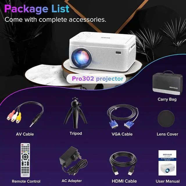 Alt view image 6 of 7 - BIGASUO HD 9000L Bluetooth Projector Built in DVD Player, Mini Projector 1080P and 250Supported with Tripod/ Carry Bag, Projector Compatible w/ TV Stick, PS5, Laptop, Portable Outdoor Movie Projector