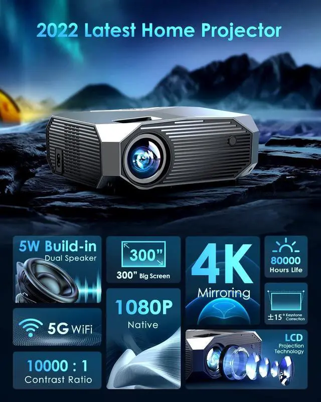 Alt view image 4 of 7 - Projector with 5G WiFi and Bluetooth, Native 1080P Outdoor Portable Video Projector Support 4K, Home Theater Movie Projector Compatible with HDMI, USB, Laptop, iOS & Android Phone