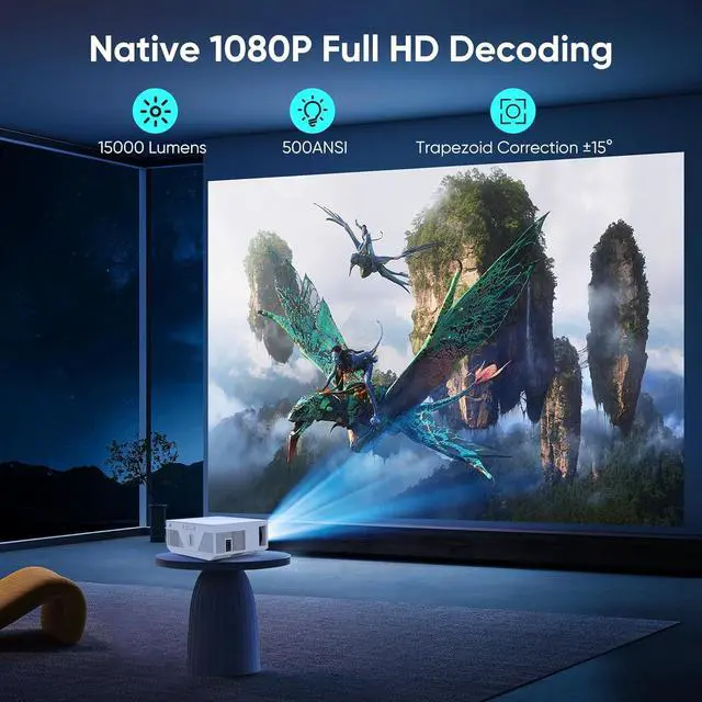 Alt view image 2 of 7 - Projector with Wifi and Bluetooth, Wielio 500 ANSI Native 1080P Projector 15000 Lumen 4K Portable Home Video Projector Compatible with Iphone Android Phone/TV Stick/PS5/PC/Laptop