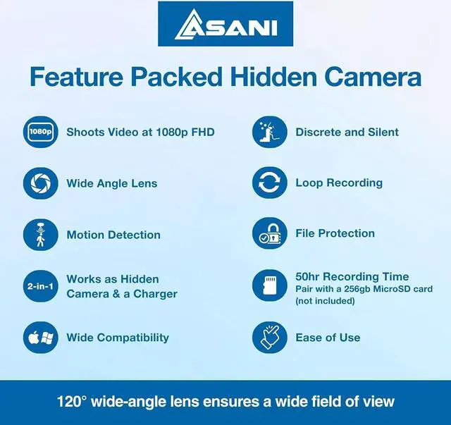Alt view image 4 of 7 - Asani Hidden Spy Camera USB Charger - Home & Office Security Nanny Cam with SD Card Slot, Motion Detection, Full HD Video, Smartphone Connectivity, Ideal for Monitoring Elderly Parents, Pets