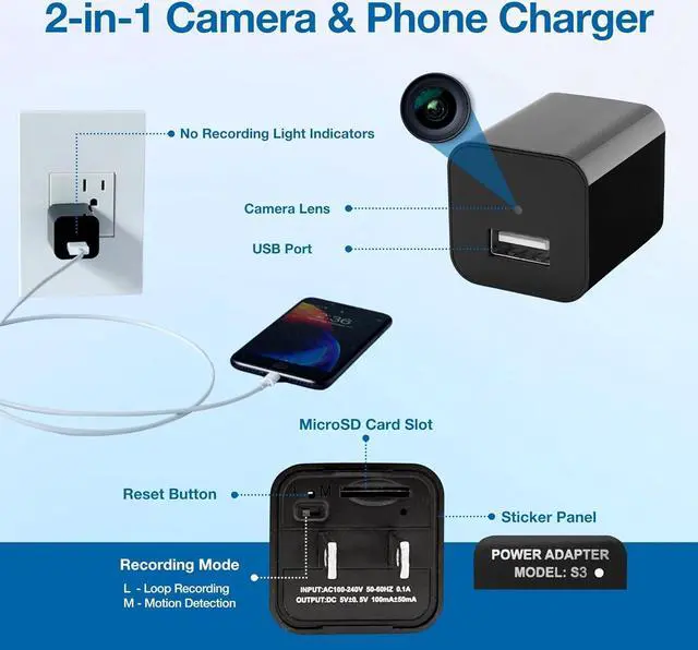 Alt view image 5 of 7 - Asani Hidden Spy Camera USB Charger - Home & Office Security Nanny Cam with SD Card Slot, Motion Detection, Full HD Video, Smartphone Connectivity, Ideal for Monitoring Elderly Parents, Pets