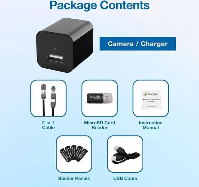 Alt view image 7 of 7 - Asani Hidden Spy Camera USB Charger - Home & Office Security Nanny Cam with SD Card Slot, Motion Detection, Full HD Video, Smartphone Connectivity, Ideal for Monitoring Elderly Parents, Pets