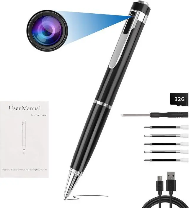 Main image of 32GB Hidden Camera Pen, Mini Spy Camera, Video Recorder Security Cam with USB Cable, 5 Refills for Business, Meeting, Learning, Rechargeable