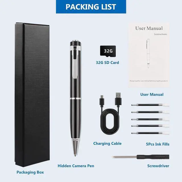 Alt view image 7 of 7 - 32GB Hidden Camera Pen, Mini Spy Camera, Video Recorder Security Cam with USB Cable, 5 Refills for Business, Meeting, Learning, Rechargeable