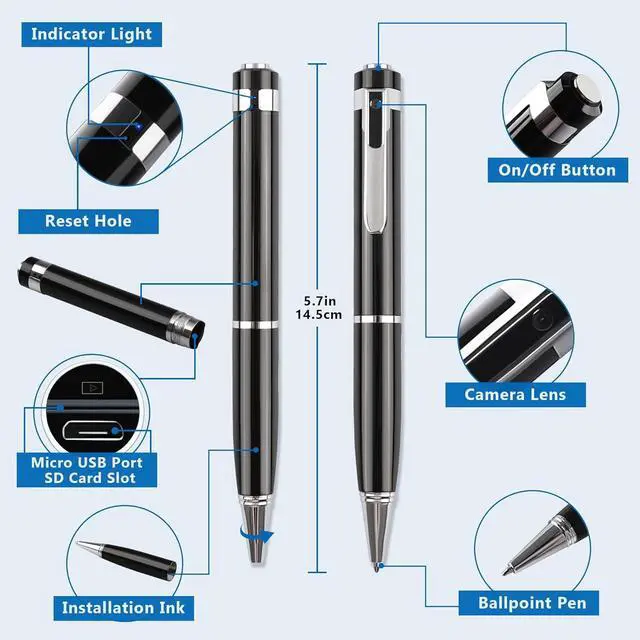Alt view image 2 of 7 - 32GB Hidden Camera Pen, Mini Spy Camera, Video Recorder Security Cam with USB Cable, 5 Refills for Business, Meeting, Learning, Rechargeable