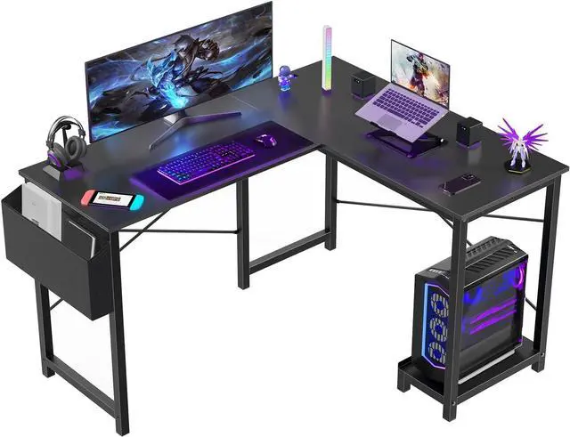 Main image of L Shaped Computer Desk - Gaming Table Corner Desk 50 Inch PC Writing Black Desk Study Desks with Wooden Desktop CPU Stand Side Bag Reversible for Home Office Dorm Small Space