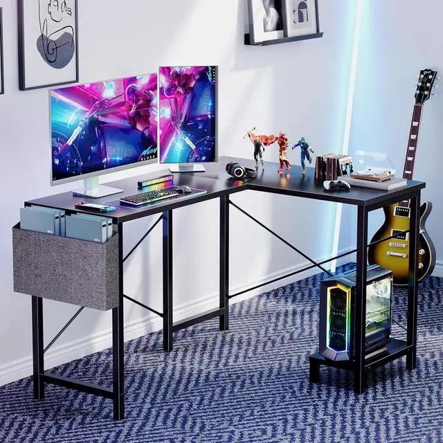 Alt view image 4 of 7 - L Shaped Computer Desk - Gaming Table Corner Desk 50 Inch PC Writing Black Desk Study Desks with Wooden Desktop CPU Stand Side Bag Reversible for Home Office Dorm Small Space