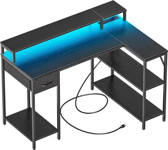 Main image of L Shaped Gaming Desk with LED Lights & Power Outlets, Reversible Computer Desk with Shelves & Drawer, Corner Desk Home Office Desk, Black