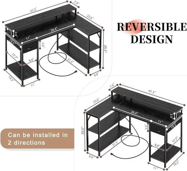 Alt view image 3 of 7 - L Shaped Gaming Desk with LED Lights & Power Outlets, Reversible Computer Desk with Shelves & Drawer, Corner Desk Home Office Desk, Black
