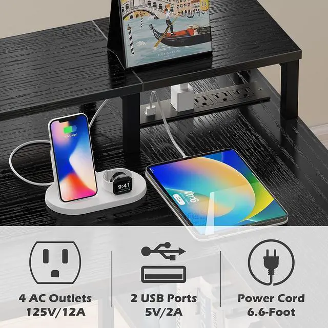 Alt view image 4 of 7 - L Shaped Gaming Desk with LED Lights & Power Outlets, Reversible Computer Desk with Shelves & Drawer, Corner Desk Home Office Desk, Black