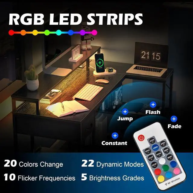 Alt view image 5 of 7 - L Shaped Gaming Desk with LED Lights & Power Outlets, Reversible Computer Desk with Shelves & Drawer, Corner Desk Home Office Desk, Black