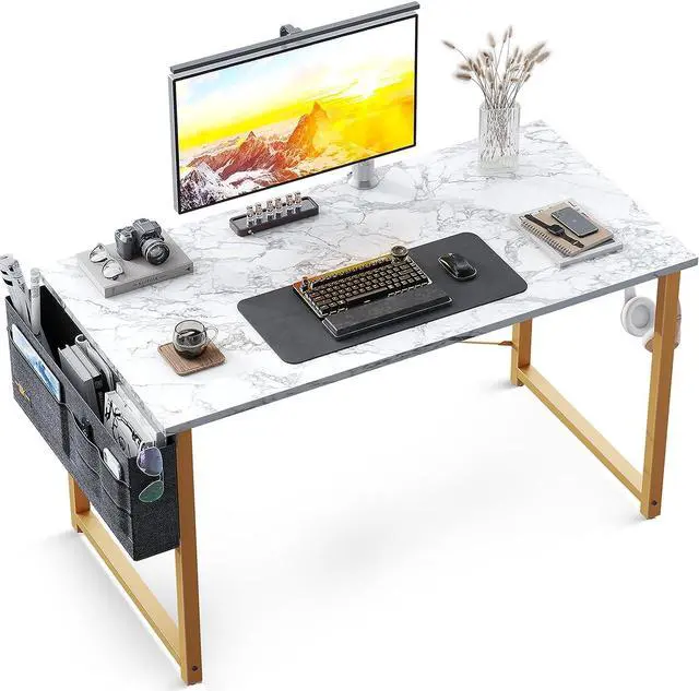 Main image of Study Computer Desk 40 inch Home Office Writing Small Desk, Modern Simple Style PC Table with Storage Bag and Headphone Hook, White Marble + Gold Leg