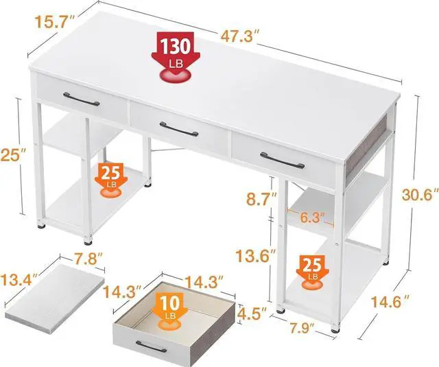 Alt view image 3 of 7 - Office Small Computer Desk: Home Table with Fabric Drawers & Storage Shelves, Modern Writing Desk, White, 48"x16"