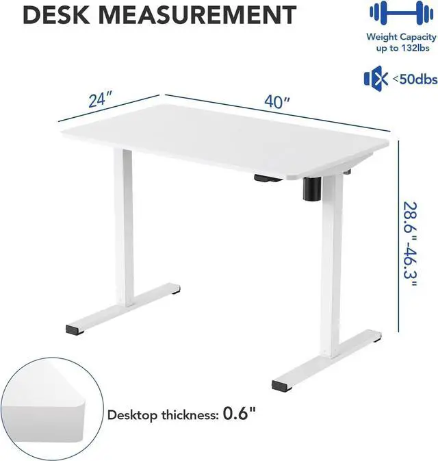 Alt view image 3 of 7 - FLEXISPOT Adjustable Height Desk 40 x 24 Inches Whole Piece Desktop Small Standing Desk for Small Space Electric Sit Stand Home Office Table (White Frame + White Desktop)