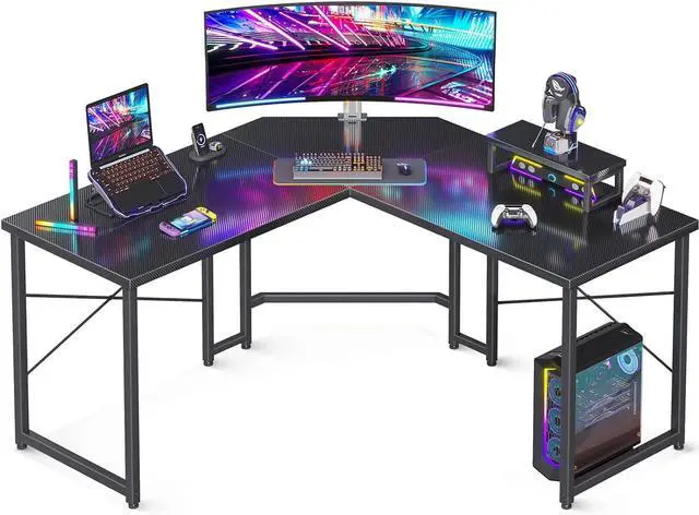 Main image of A 51 Inch L Shaped Gaming Desk with Monitor Stand, Computer Desk for Home Office, PC Corner Desk Table Sturdy Writing Workstation, Carbon Fiber Surface, Black