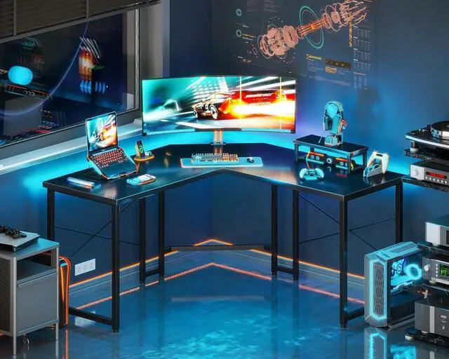Alt view image 2 of 7 - A 51 Inch L Shaped Gaming Desk with Monitor Stand, Computer Desk for Home Office, PC Corner Desk Table Sturdy Writing Workstation, Carbon Fiber Surface, Black