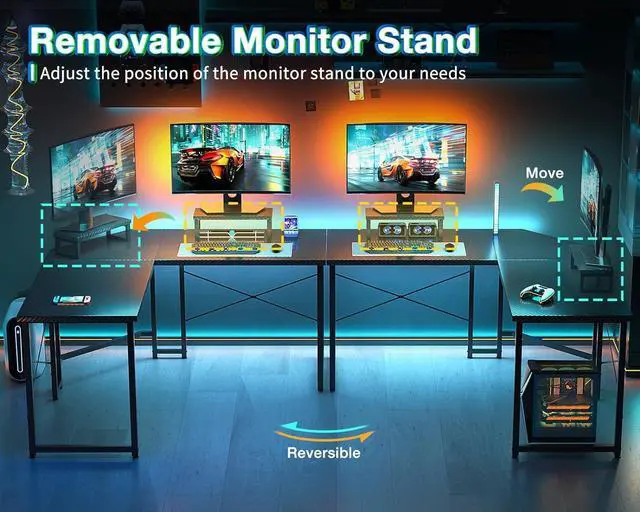 Alt view image 4 of 7 - A 51 Inch L Shaped Gaming Desk with Monitor Stand, Computer Desk for Home Office, PC Corner Desk Table Sturdy Writing Workstation, Carbon Fiber Surface, Black