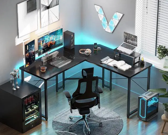 Alt view image 7 of 7 - A 51 Inch L Shaped Gaming Desk with Monitor Stand, Computer Desk for Home Office, PC Corner Desk Table Sturdy Writing Workstation, Carbon Fiber Surface, Black
