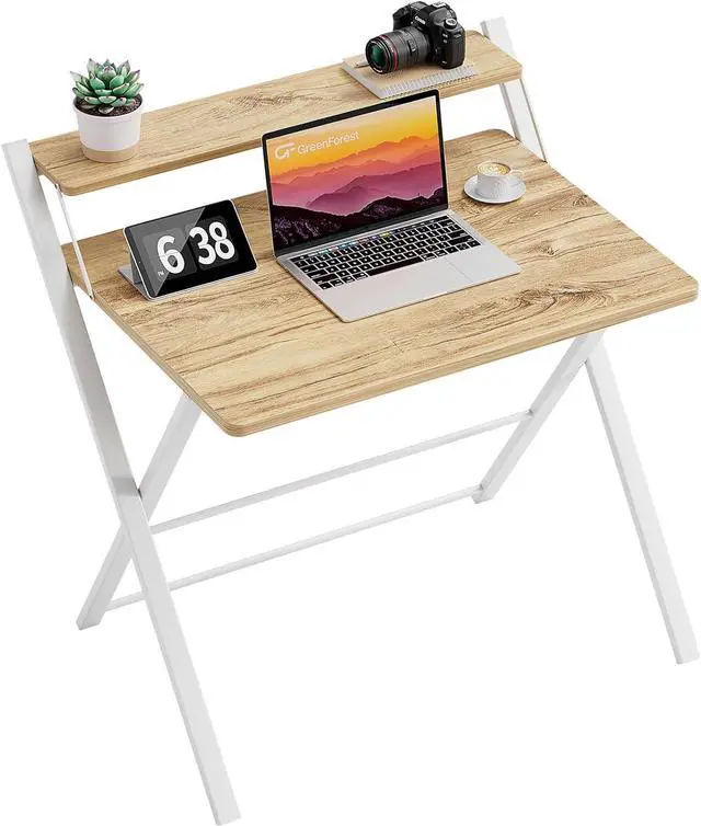 Main image of Small Folding Desk No Assembly Required, Fully Unfold 27.3 x 22 inch 2-Tier Computer Desk with Shelf Space Saving Foldable Table for Small Spaces, Oak