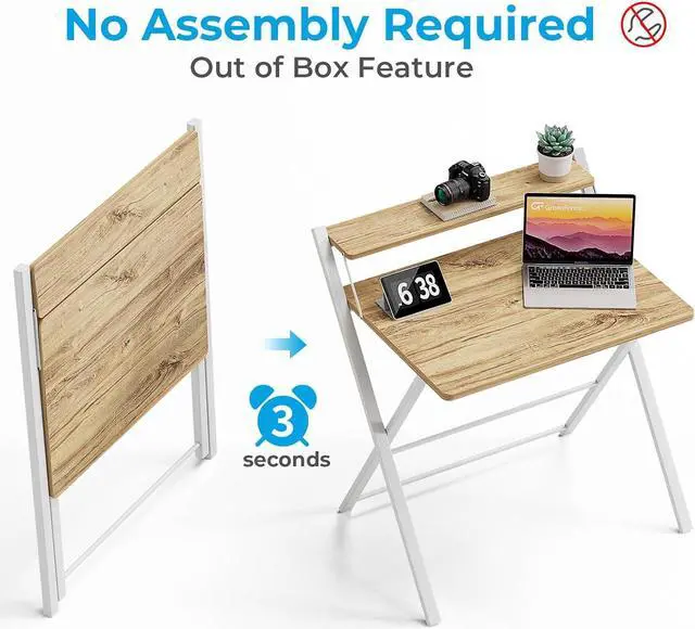 Alt view image 4 of 7 - Small Folding Desk No Assembly Required, Fully Unfold 27.3 x 22 inch 2-Tier Computer Desk with Shelf Space Saving Foldable Table for Small Spaces, Oak