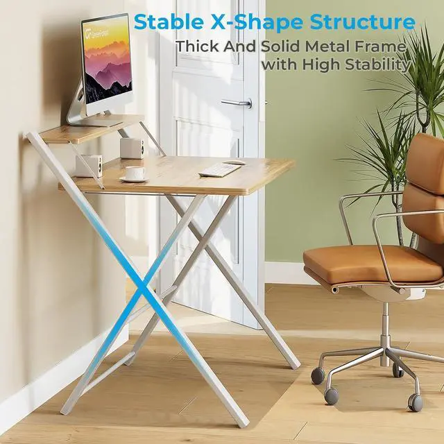 Alt view image 6 of 7 - Small Folding Desk No Assembly Required, Fully Unfold 27.3 x 22 inch 2-Tier Computer Desk with Shelf Space Saving Foldable Table for Small Spaces, Oak