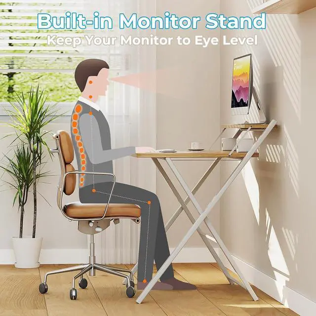 Alt view image 7 of 7 - Small Folding Desk No Assembly Required, Fully Unfold 27.3 x 22 inch 2-Tier Computer Desk with Shelf Space Saving Foldable Table for Small Spaces, Oak