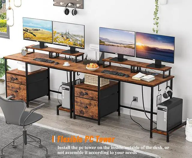 Alt view image 2 of 7 - Furologee Computer Desk with Drawer and Power Outlets, 47" Office Desk with 2 Monitor Stands and Fabric File Cabinet, Writing Gaming Table with Shelves and 2 Hooks for Home Office, Rustic Brown