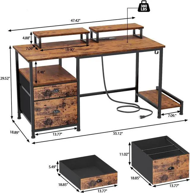 Alt view image 3 of 7 - Furologee Computer Desk with Drawer and Power Outlets, 47" Office Desk with 2 Monitor Stands and Fabric File Cabinet, Writing Gaming Table with Shelves and 2 Hooks for Home Office, Rustic Brown