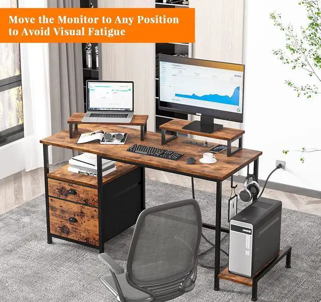 Alt view image 5 of 7 - Furologee Computer Desk with Drawer and Power Outlets, 47" Office Desk with 2 Monitor Stands and Fabric File Cabinet, Writing Gaming Table with Shelves and 2 Hooks for Home Office, Rustic Brown