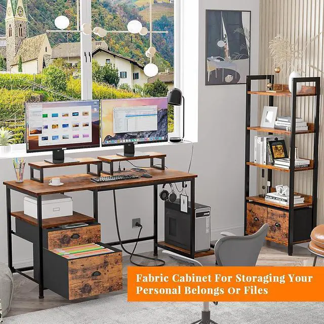 Alt view image 6 of 7 - Computer Desk with Drawer and Power Outlets, 47" Office Desk with 2 Monitor Stands and Fabric File Cabinet, Writing Gaming Table with Shelves and 2 Hooks for Home Office, Rustic Brown