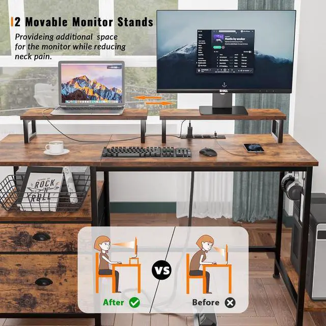 Alt view image 7 of 7 - Furologee Computer Desk with Drawer and Power Outlets, 47" Office Desk with 2 Monitor Stands and Fabric File Cabinet, Writing Gaming Table with Shelves and 2 Hooks for Home Office, Rustic Brown