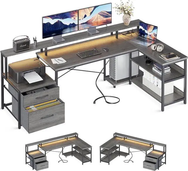 Main image of L Shaped Desk with File Drawer, 75" Reversible L Shaped Computer Desk with Power Outlet & LED Strip, Office Desk with Storage Shelves, Gaming Desk with Monitor Shelf, Corner Desk, Grey Oak